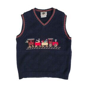 Good Lad of Philadelphia Toddler Ramie Cotton Knit Vest 24M Navy Christmas Train
